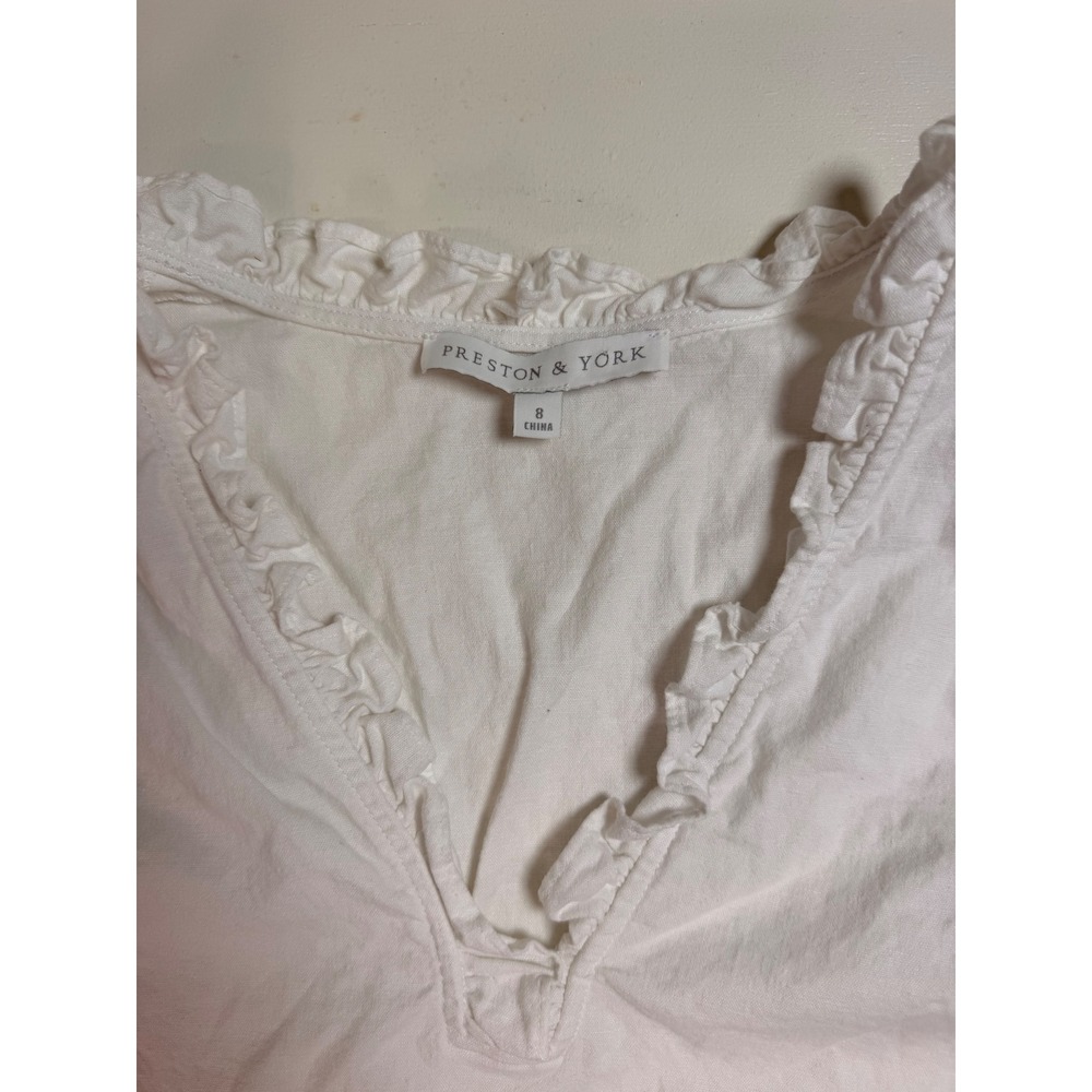 Preston & York Sleeveless Top Women Size 8 White Excellent Ruffled V-Neck Linen - Picture 3 of 8